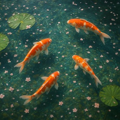 A koi pond seen from above, orange and white koi fish swimming among lily pads, clear water with subtle ripples, fallen cherry blossom petals floating on the surface, dappled sunlight