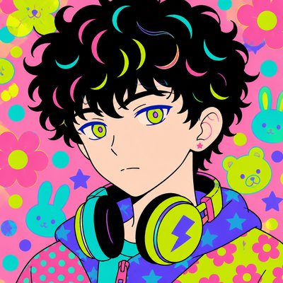 head-and-shoulders portrait of an original character: a young man with curly dark hair and headphones around his neck, plain backdrop, no text