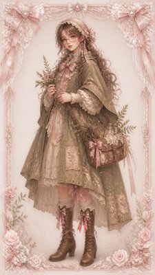 full-body original character: a wandering botanist with a satchel of plants, a patched green cloak, tall boots and round glasses, neutral background