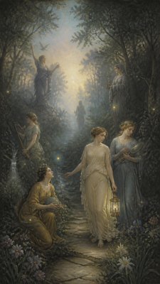 a mysterious forest path with fireflies and drifting mist, atmospheric vertical composition with open space at the top, no text