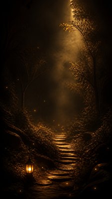 a mysterious forest path with fireflies and drifting mist, atmospheric vertical composition with open space at the top, no text