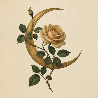 a rose entwined with a crescent moon, clean balanced composition on a plain background, no text