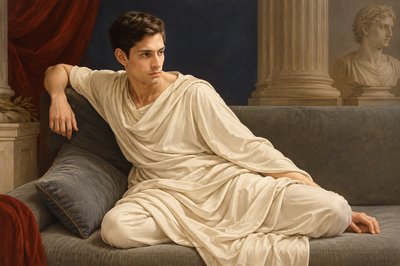 a painting of a man sitting on a couch