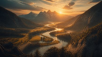 a vast valley with a river winding toward distant mountains at sunrise, no people, no text
