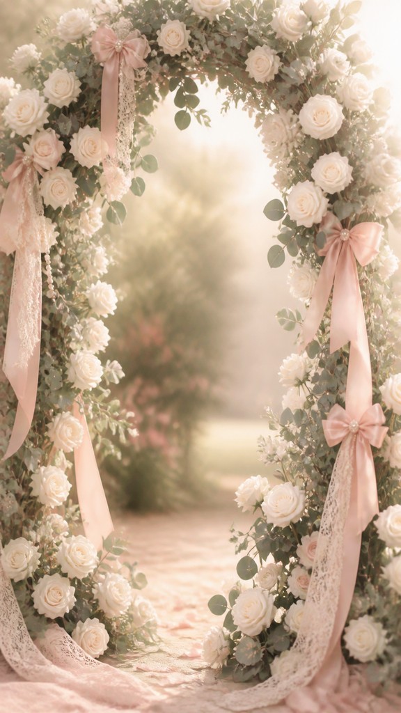 an arch of white roses and eucalyptus in soft morning light, elegant vertical composition with open space, no text