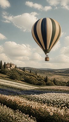 a hot air balloon drifting over rolling flower fields on a sunny day, cheerful, no text
