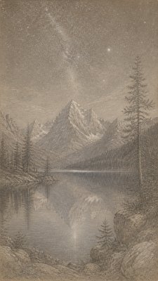 a tranquil mountain lake beneath a starry night sky, no people, no text
