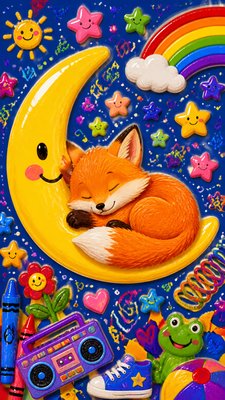 a sleeping baby fox curled on a crescent moon among soft stars, gentle and warm, no text