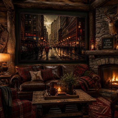 urban street with city activity — Rustic Cabin Interior Design