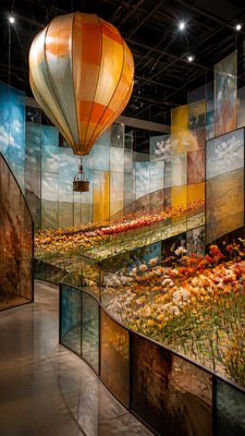 a hot air balloon drifting over rolling flower fields on a sunny day, cheerful, no text