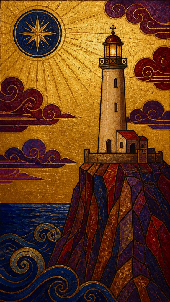 a lone lighthouse on a cliff at dusk under a dramatic sky, no text or lettering