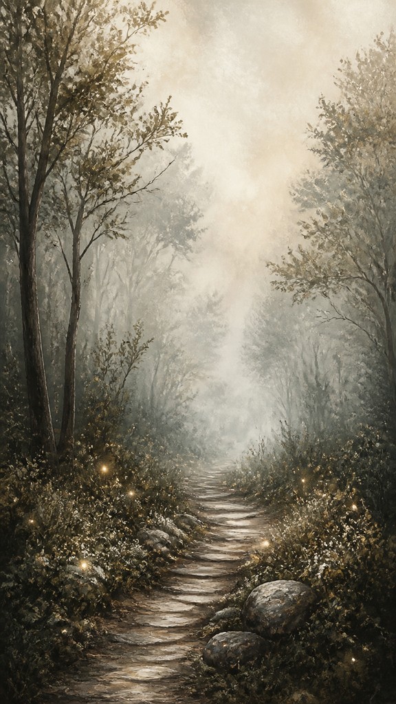 a mysterious forest path with fireflies and drifting mist, atmospheric vertical composition with open space at the top, no text