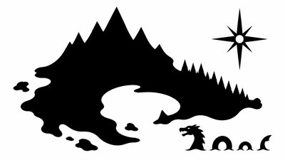 a map of an island realm with mountains, forests, a sheltered bay, sea monsters in the water and a compass rose, no text labels