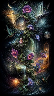 a climbing vine of flowers and hummingbirds on a dark background, tall wrapping composition, no text