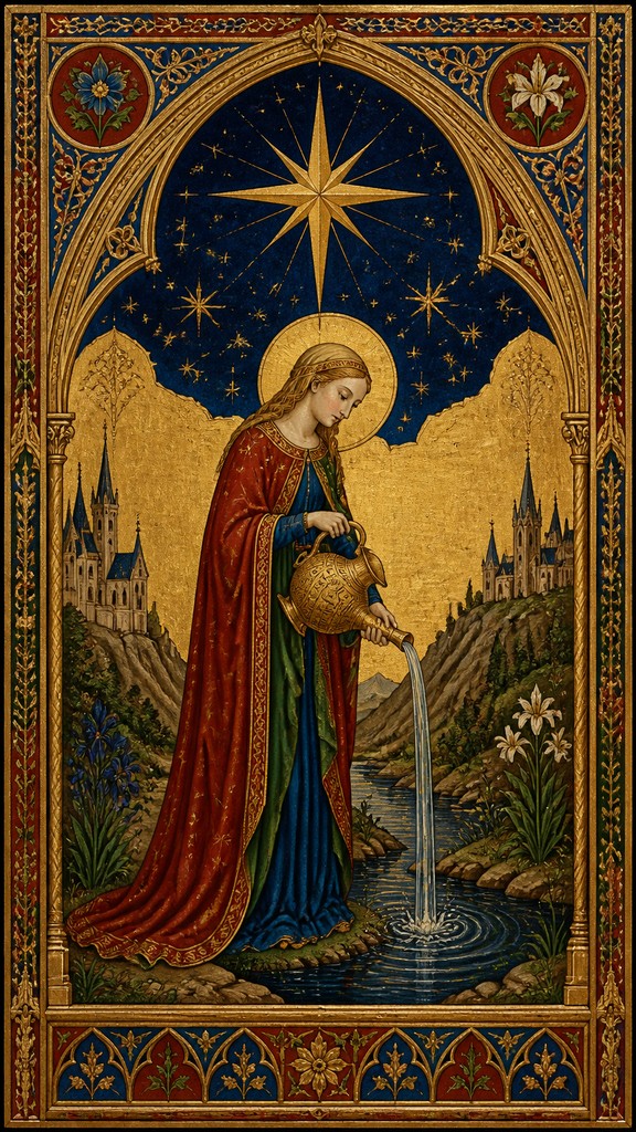 a robed figure pouring water beneath a large eight-pointed star in a night sky, symmetrical composition with an ornate decorative border, no text