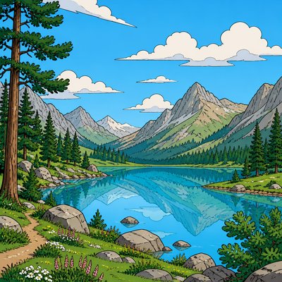 serene landscape with pine-covered mountains around a still lake, drifting clouds, no people and no animals