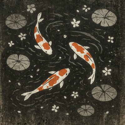 A koi pond seen from above, orange and white koi fish swimming among lily pads, clear water with subtle ripples, fallen cherry blossom petals floating on the surface, dappled sunlight