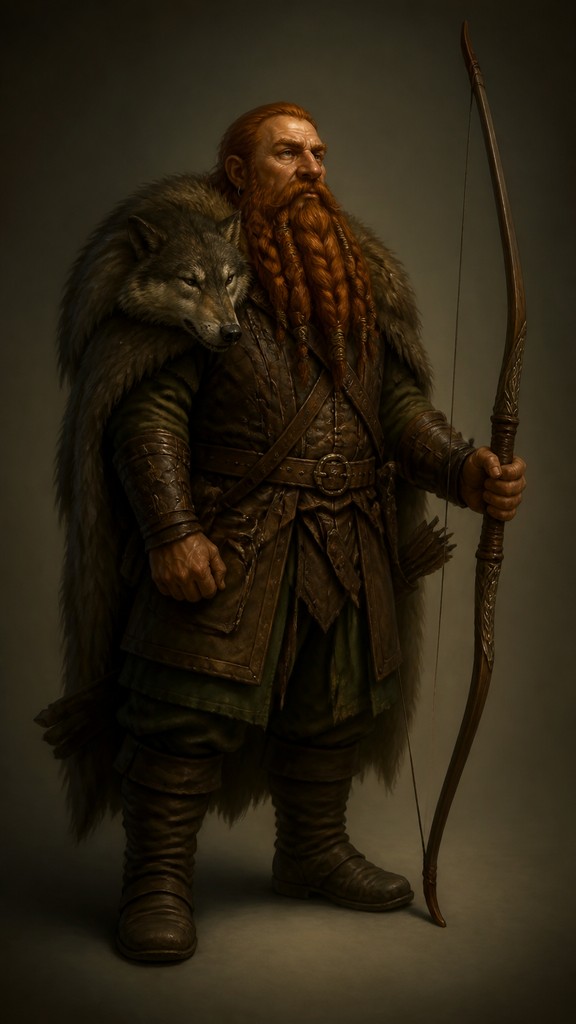 full-body original character: a dwarven ranger with a braided auburn beard, worn leather armor, a longbow and a wolf-pelt cloak, neutral background, no text