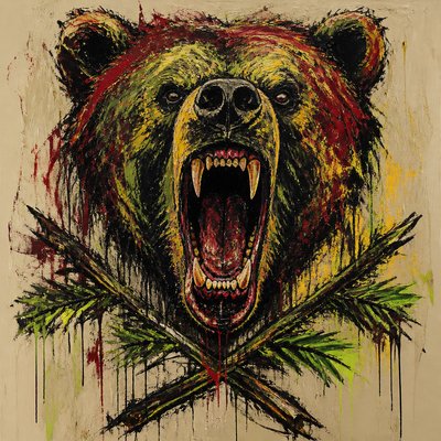 a roaring bear head above crossed pine branches, bold graphic composition on a plain background, no text