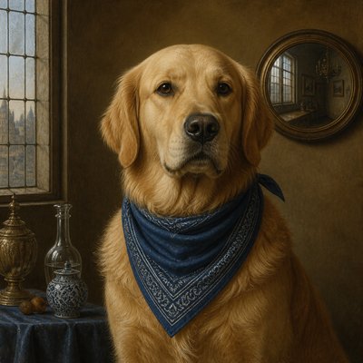 portrait of a golden retriever wearing a blue bandana, warm plain backdrop, no text