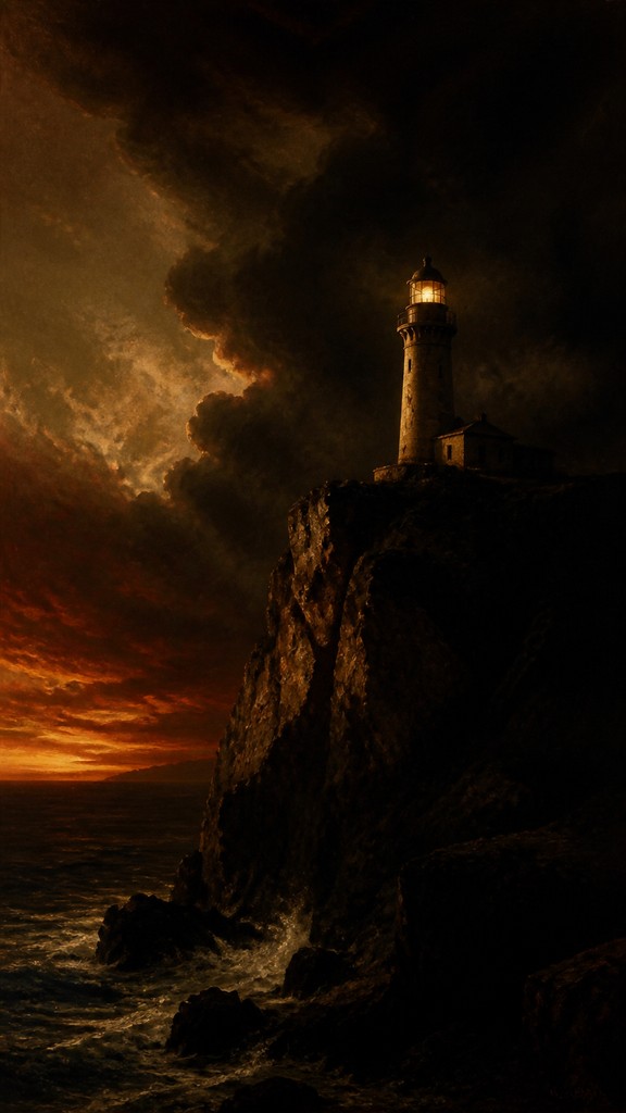 a lone lighthouse on a cliff at dusk under a dramatic sky, no text or lettering