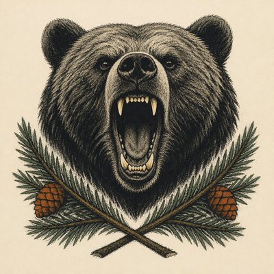 a roaring bear head above crossed pine branches, bold graphic composition on a plain background, no text