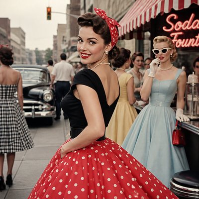 urban street with city activity — Vintage 50s Fashion Style