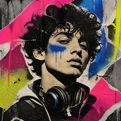 head-and-shoulders portrait of an original character: a young man with curly dark hair and headphones around his neck, plain backdrop, no text