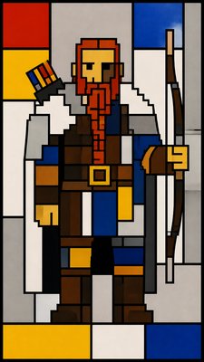 full-body original character: a dwarven ranger with a braided auburn beard, worn leather armor, a longbow and a wolf-pelt cloak, neutral background, no text