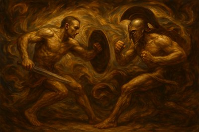 a painting of two men fighting with each other