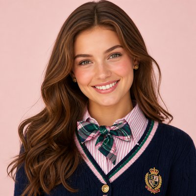 head-and-shoulders portrait of an original character: a young woman with wavy chestnut hair and a warm smile, plain soft backdrop