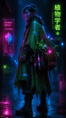 full-body original character: a wandering botanist with a satchel of plants, a patched green cloak, tall boots and round glasses, neutral background