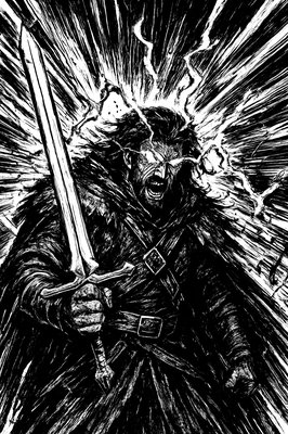a black and white drawing of a man holding a sword