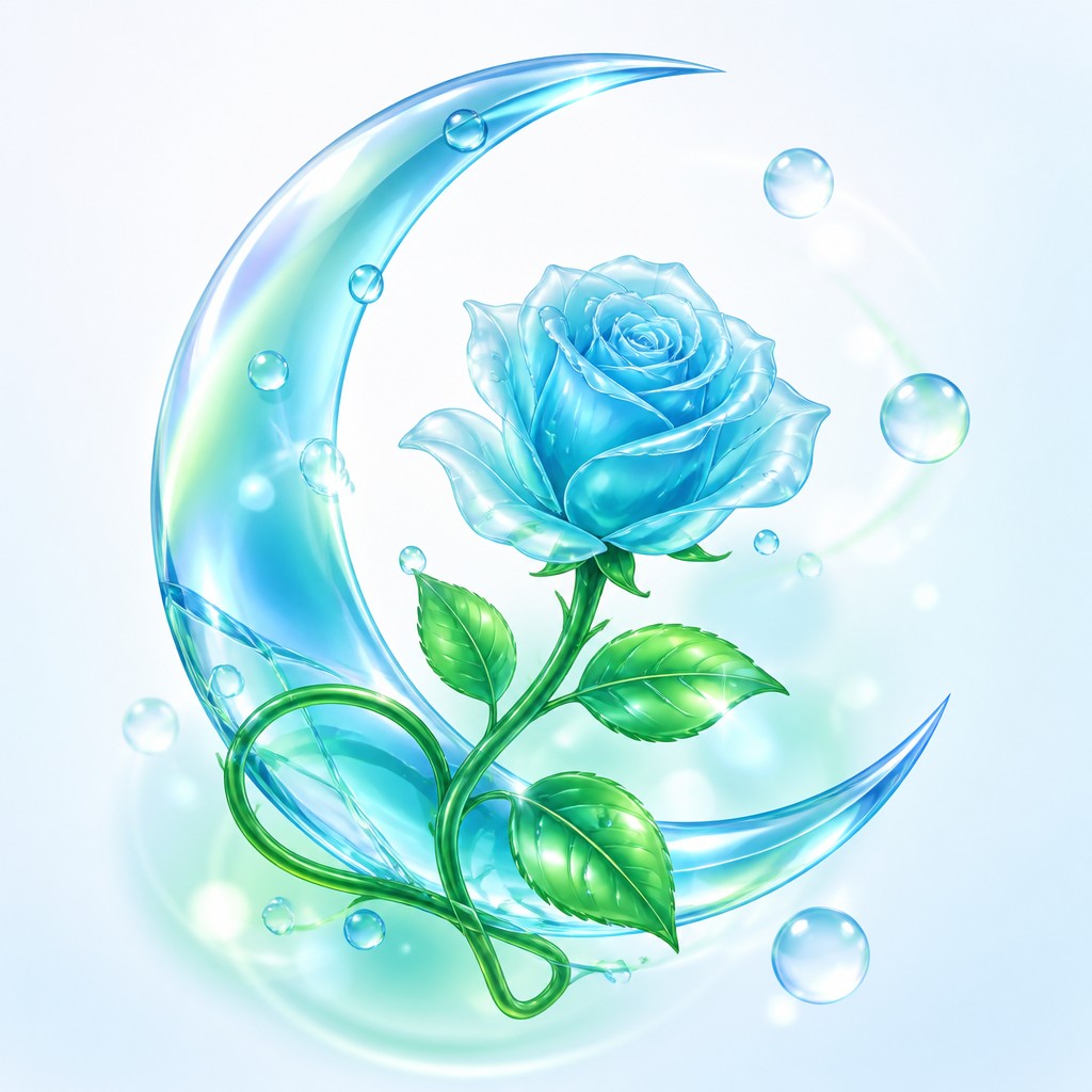 a rose entwined with a crescent moon, clean balanced composition on a plain background, no text