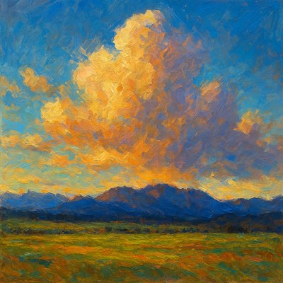 a painting of a field with mountains in the background