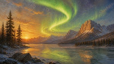 a sweeping aurora over a frozen lake, no people