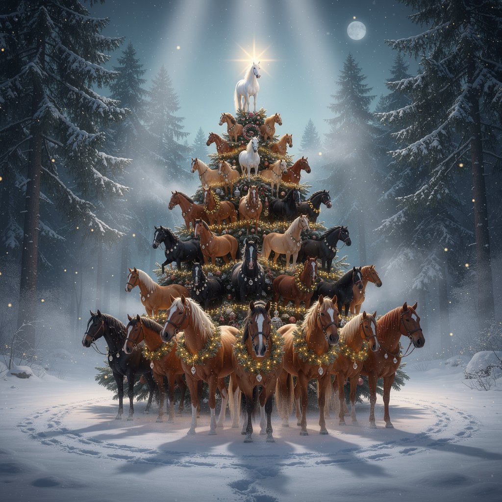 A breathtaking forest clearing at winter twilight, filled with deep emerald pines and soft ambient mist. At the center of the scene stands an extraordinary Christmas tree—its entire form cleverly created by living horses. Dozens of horses of various sizes and colors stand arranged in a perfect triangular formation from wide base to narrow peak, their bodies forming the layered silhouette of a lush holiday tree. Each horse is positioned with elegant precision so their necks, flowing manes, and arched backs mimic the contours of branches. The base layer features large, sturdy draft horses, chestnuts and bays, standing shoulder to shoulder like the lower boughs. Mid-levels transition to sleek Arabians, palominos, and black stallions, their manes fanned outward like sweeping tree limbs. Near the top, smaller ponies and miniature horses form the upper taper, culminating in a single snow-white miniature horse standing proudly at the peak, glowing with soft magical light like a star.
The horses are adorned with delicate festive accents: strands of golden fairy lights draped across their bodies, pine-needle wreath garlands resting on their necks, tiny crystal ornaments clipped lightly to their manes, and subtle silvery frost sparkling on their coats. Each horse’s breath forms soft clouds in the chilly air. Snow gently falls through shafts of moonlight filtering between towering firs. The forest floor is blanketed with untouched white snow, except for the circle of hoofprints surrounding the living tree. Fireflies and bioluminescent particles drift among the trees, adding a mystical glow. Mood is grand, magical, cinematic, hyper-realistic with extreme detail, crisp textures of fur, snow, and pine, volumetric lighting, dramatic shadows, ultra-high resolution, enchanted winter atmosphere.
Camera & Style cues:
– Wide-angle lens, low camera angle looking slightly upward
– Cinematic depth of field
– Hyper-detailed photorealism
– Soft moonlit color palette with warm golden highlights
– 8K clarity, high dynamic range, deep contrast
– Slight ethereal glow for a magical holiday feel