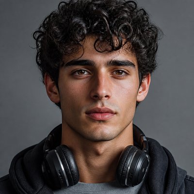 head-and-shoulders portrait of an original character: a young man with curly dark hair and headphones around his neck, plain backdrop, no text