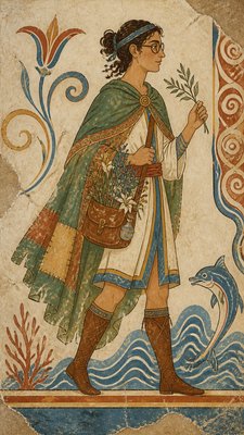 full-body original character: a wandering botanist with a satchel of plants, a patched green cloak, tall boots and round glasses, neutral background