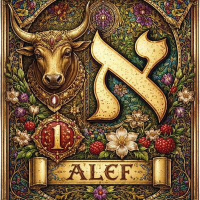 A picture of the Hebrew letter Alef including both the paleo symbol of the ox head "Ox, Strength, Leader" and modern א, Alef symbol, the number 1 and the name of the letter "Alef" 