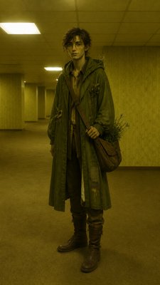 full-body original character: a wandering botanist with a satchel of plants, a patched green cloak, tall boots and round glasses, neutral background
