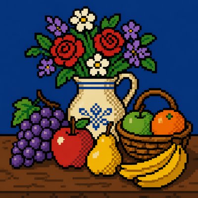 still life arrangement of fruits and flowers