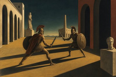 two greek warriors with swords fighting each other