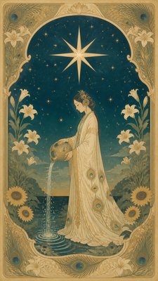a robed figure pouring water beneath a large eight-pointed star in a night sky, symmetrical composition with an ornate decorative border, no text