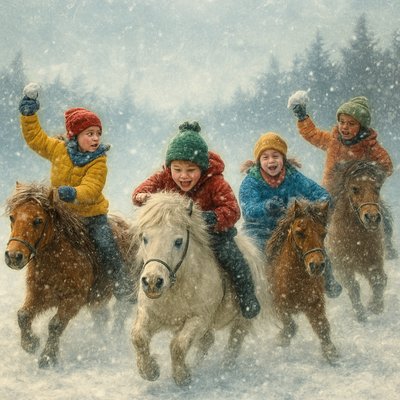 A dynamic, action-filled scene capturing four excited children (diverse ages and genders, bundled in bright winter clothing) engaged in an intense snowball fight while riding ponies/horses.

Scene Details: The setting is a wide-open, snow-covered winter field bordered by dark, snow-dusted evergreen trees. Snow is actively falling, adding texture to the air. The children are positioned dramatically: one child is leaning far back on a brown pony, aiming a snowball with intense focus; another is mid-giggle, ducking behind their white horse's mane for cover. The ponies are sturdy, slightly shaggy, and seem to be enjoying the chaos, snorting visible steam into the cold air. The ground is churned up with snow from the horses' hooves.

Key Atmosphere: Focus on joyful aggression, speed, and chaotic motion.