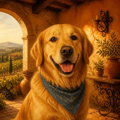 portrait of a golden retriever wearing a blue bandana, warm plain backdrop, no text