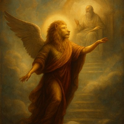 A mystical fantasy angel with a lion head standing at God's throne in heaven, with suspense and serenity. Vibrant colors that immediately catch the eye, and soft lighting envelops the scene, enhancing its ethereal beauty. The angel strikes a graceful pose, signifying freedom and power. Dreamlike quality, a world of imagination and enchantment