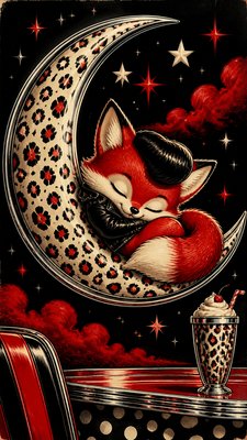a sleeping baby fox curled on a crescent moon among soft stars, gentle and warm, no text