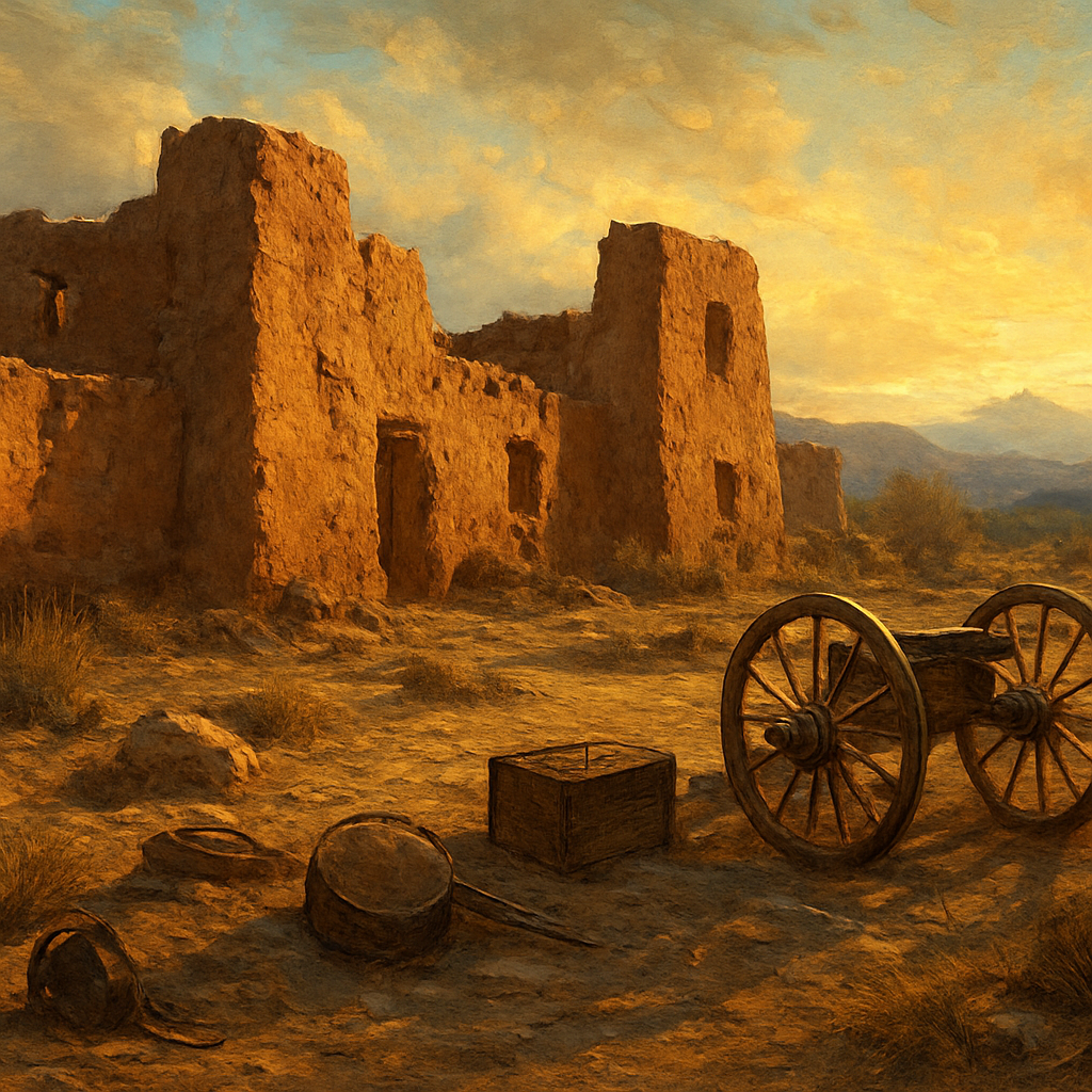 A photo-realistic image of the crumbling adobe ruins of Fort Lowell, New Mexico, nestled in a desolate, high desert landscape. The sun is setting, casting long, dramatic shadows. Include sparse, authentic 19th-century military supplies scattered in the foreground. Style: Hyper-detailed, cinematic, volumetric lighting.