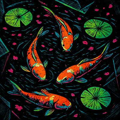 A koi pond seen from above, orange and white koi fish swimming among lily pads, clear water with subtle ripples, fallen cherry blossom petals floating on the surface, dappled sunlight